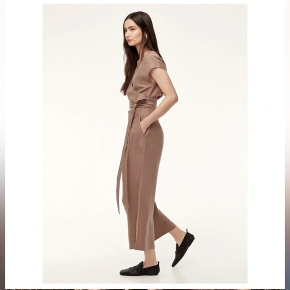 Aritzia Wilfred Brax Nutmeg  Linen
Blend Jumpsuit Open Front Wrap cut out size 4 - Picture 4 of 16
